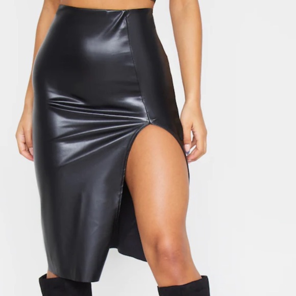 PrettyLittleThing Skirts Plt Black Faux Leather Extreme Split Midi